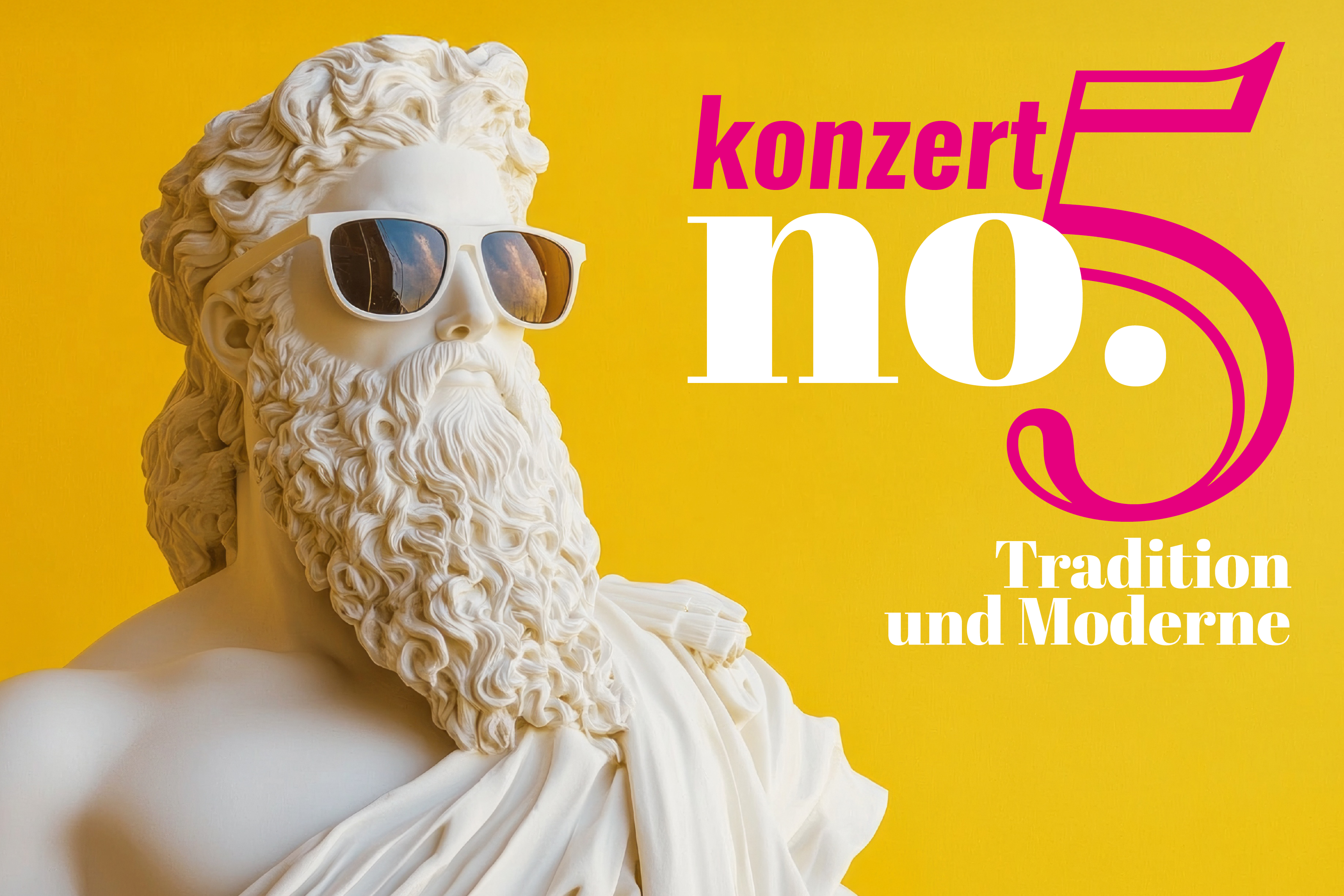 Konzert No. 5 - Tradition und Moderne. Das Bild zeigt eine klassische Statue aus weißem Marmor von einem Mann mit lockigem langen Bart. Die Statue trägt eine weiße Sonnenbrille mit schwarzen Gläsern.